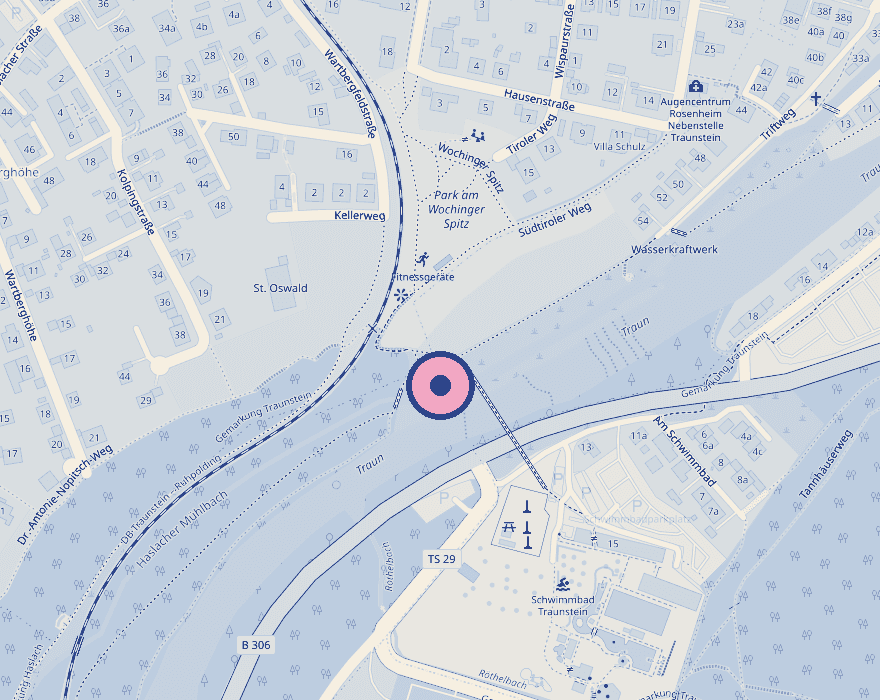 Lage der TRAUNBAR an der Traun, gegenüber vom Schwimmbad Traunstein – über die Fußgängerbrücke erreichbar